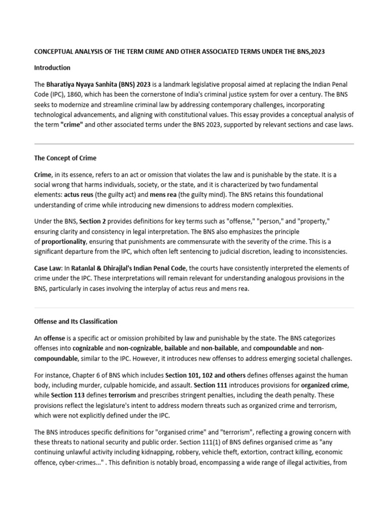 Crime Conceptual Analysis in BNS 2023 | PDF | Crimes | Crime & Violence