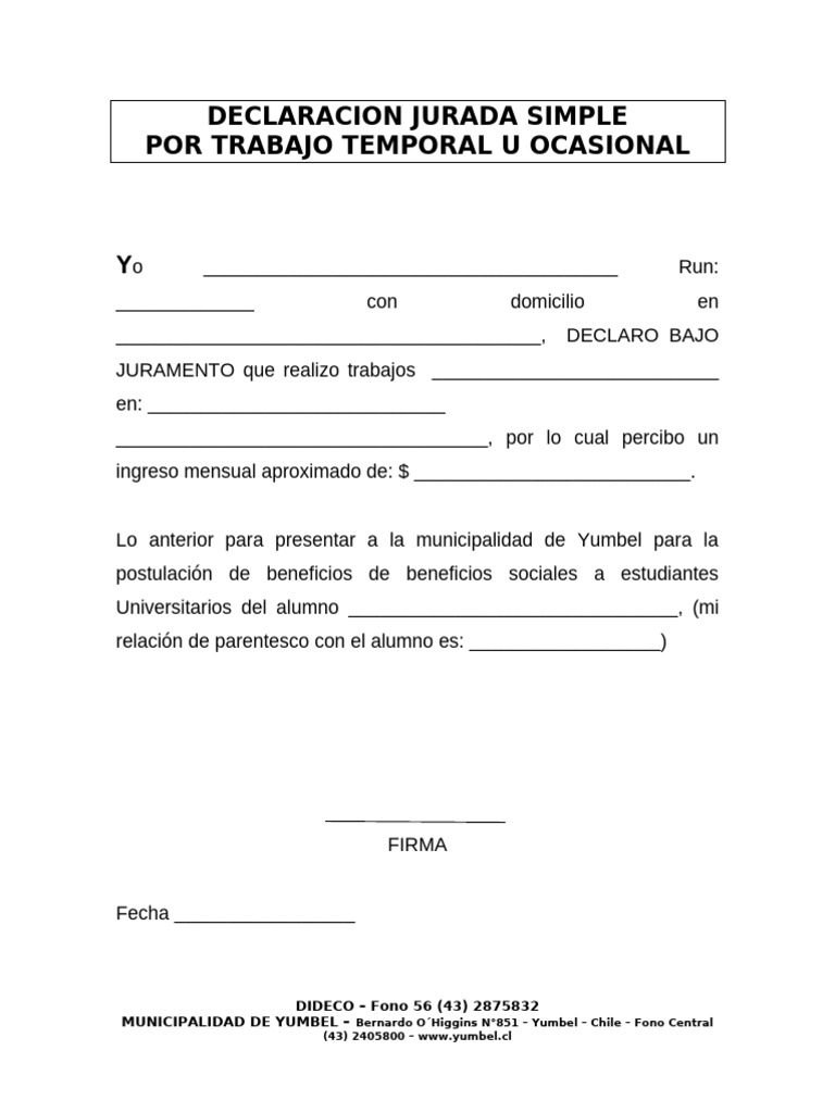 Declaración Jurada Simple de Ingresos | PDF