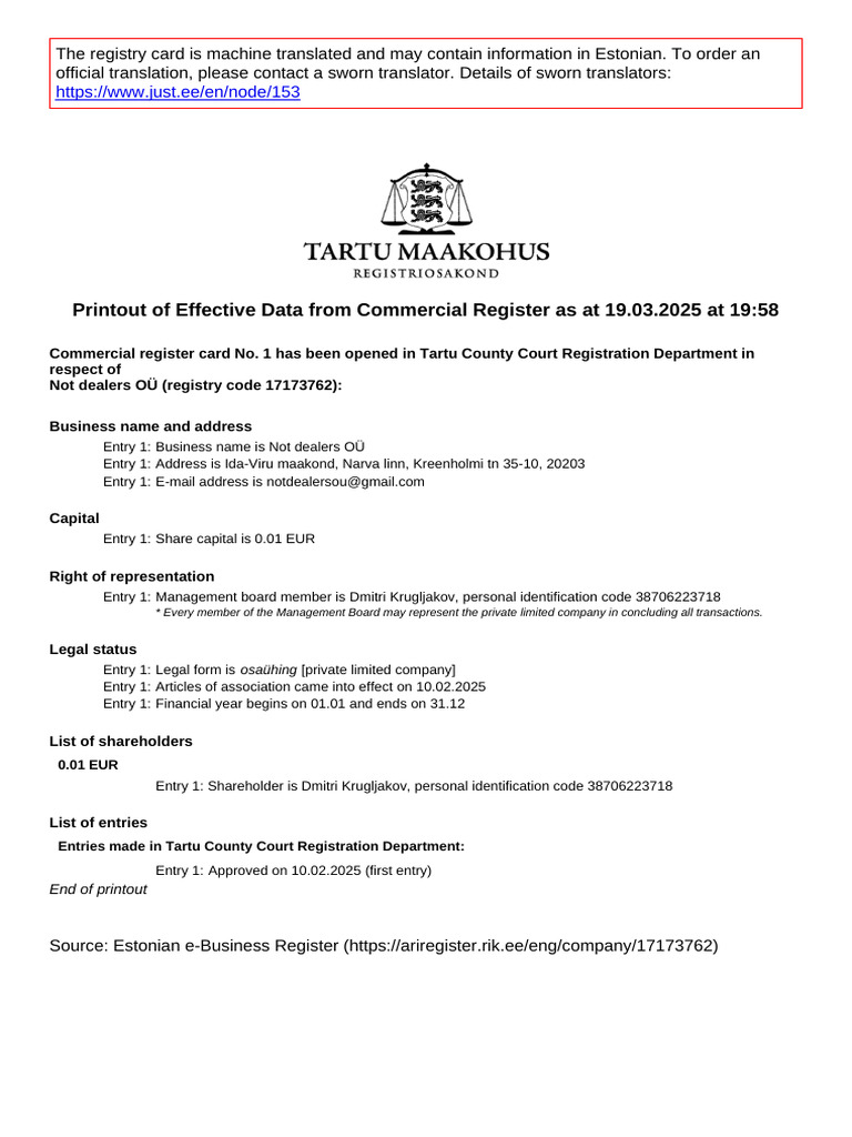 Not Dealers OÜ Commercial Register Details | PDF