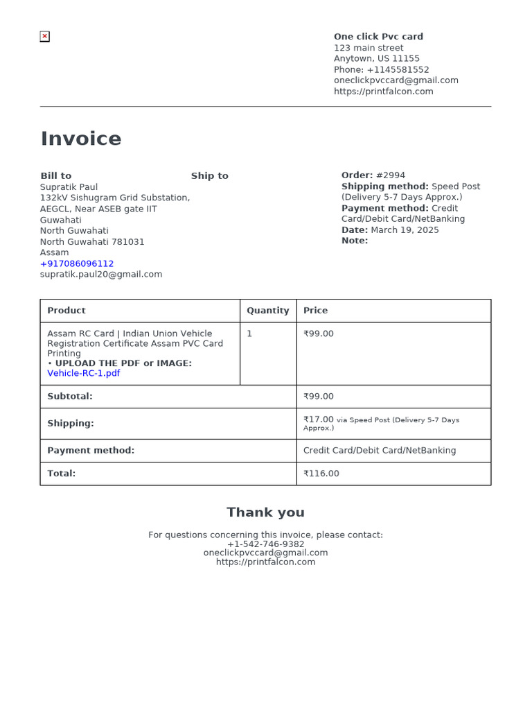 Invoice for Assam RC PVC Card Order | PDF