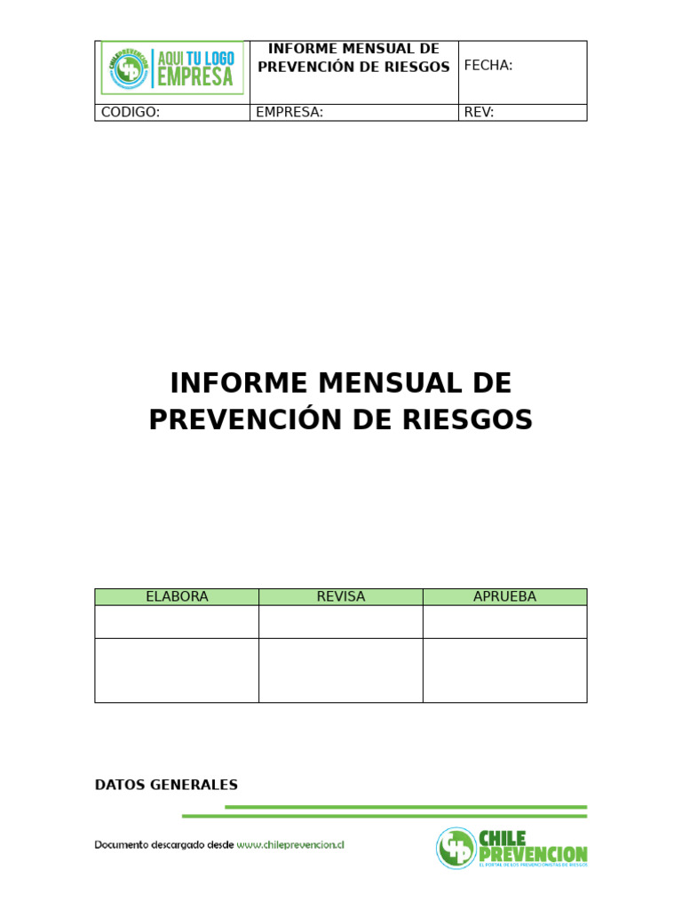 Informe Mensual de Prevención de Riesgos | PDF | Seguridad y salud ...