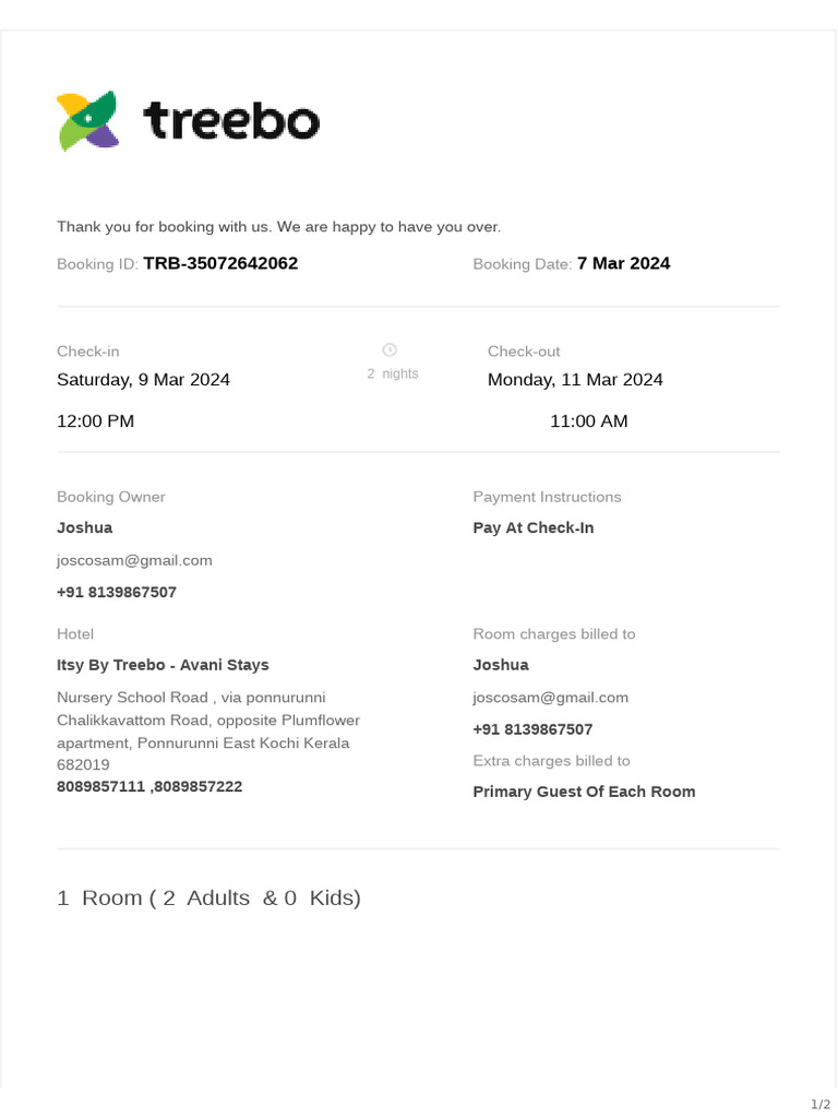Booking Confirmation for Itsy By Treebo | PDF | Identity Document ...