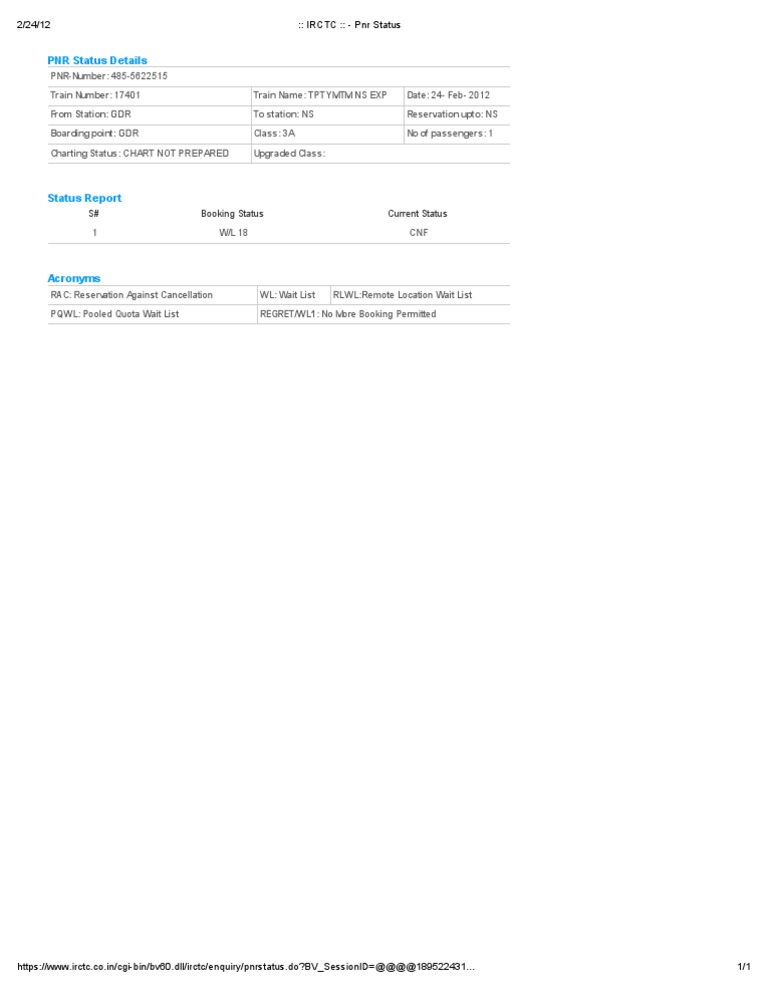IRCTC PNR Status Details | PDF
