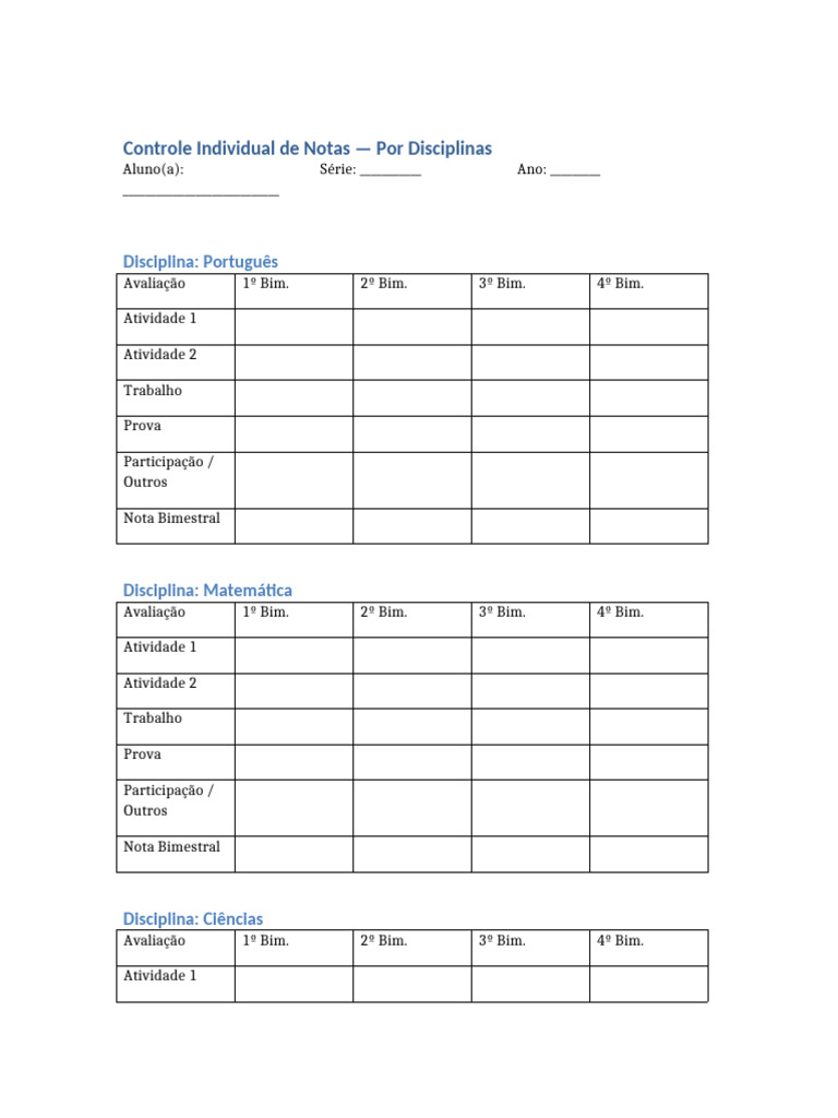 Controle de Notas por Disciplina | PDF