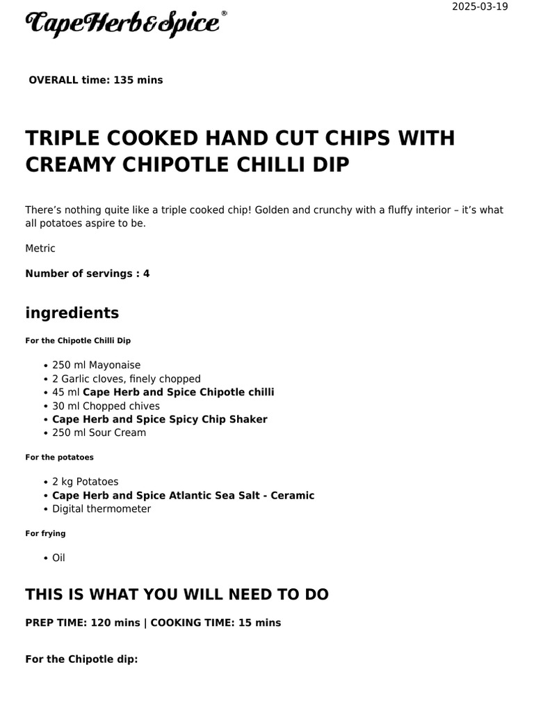 Triple Cooked Hand Cut Chips With Creamy Chipotle Chilli Dip | PDF ...