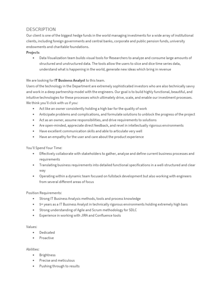 IT Business Analyst for Hedge Fund Tech | PDF | Software Development ...