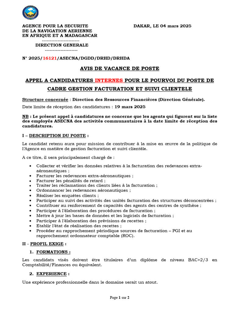 Avis de Vacance: Cadre Facturation ASECNA | PDF