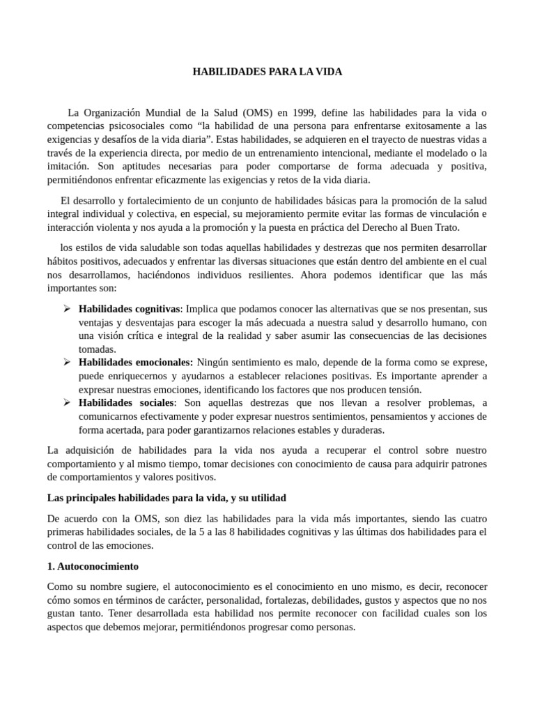 Definición OMS de habilidades para la vida | PDF | Las emociones ...