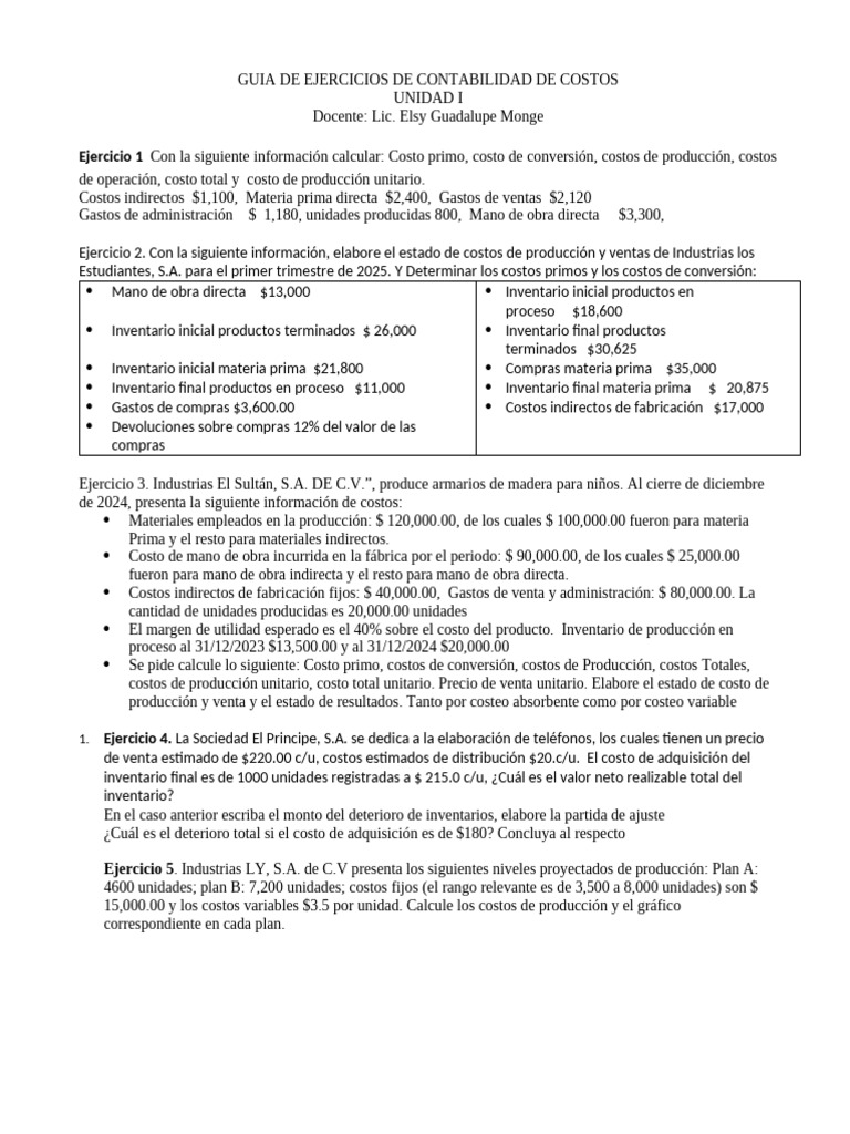 Ejercicios de Contabilidad de Costos | PDF | Economias | Negocios ...