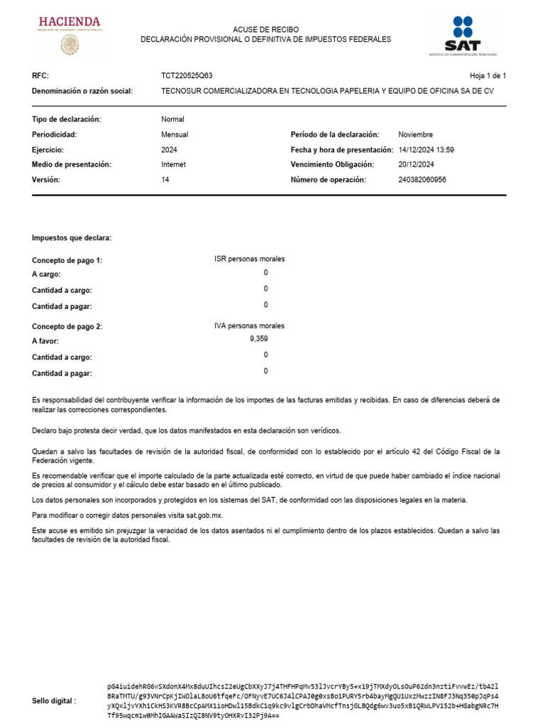 Declaración de Impuestos Noviembre 2024 | PDF | Impuesto sobre la renta