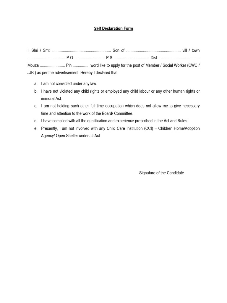 Self Declaration Form for CWC/JJB Applicants | PDF