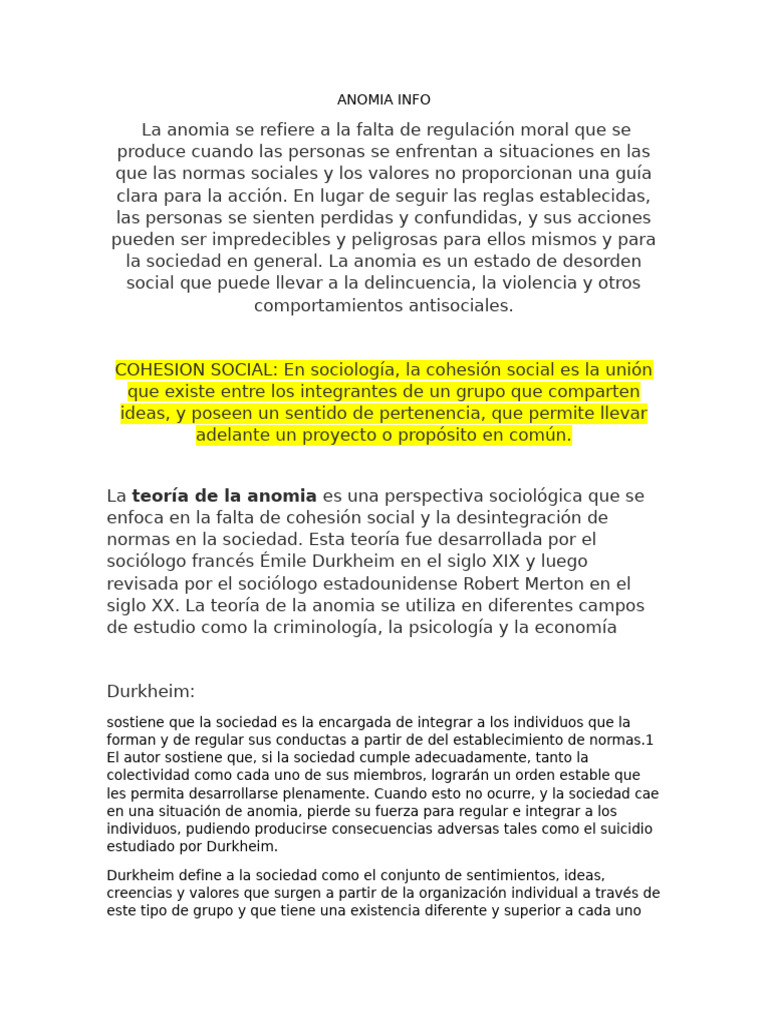 Anomia y cohesión social en Durkheim | PDF | Emile Durkheim | Sociedad