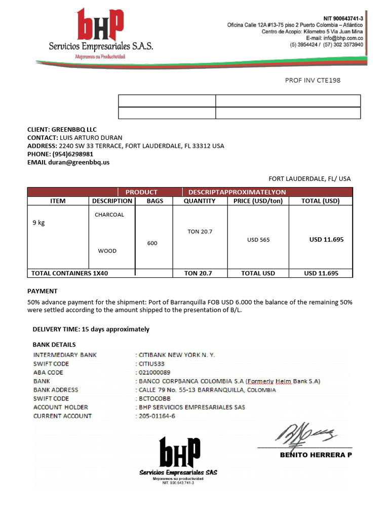 GreenBBQ LLC Charcoal Shipment Invoice | PDF