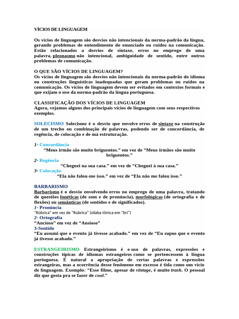 Vícios de Linguagem: Tipos e Exemplos | PDF | Palavra | Linguística