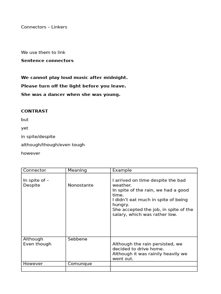 Connectors and Linkers in English | PDF