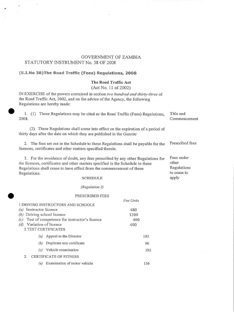 SI No. 38 of 2008 The Road Traffic Fees Regulations | PDF