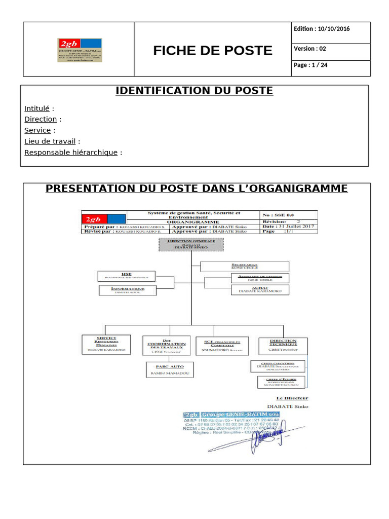 Fiche de Poste : Directeur Général et Autres Rôles | PDF | Soudage ...