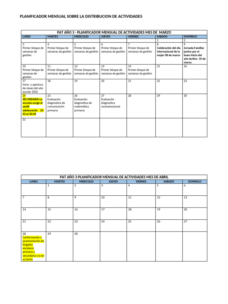 Planificador Mensual de Actividades 2025 | PDF
