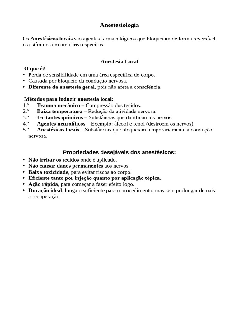 Anestesia Local: Tipos e Mecanismos | PDF | Potencial de ação