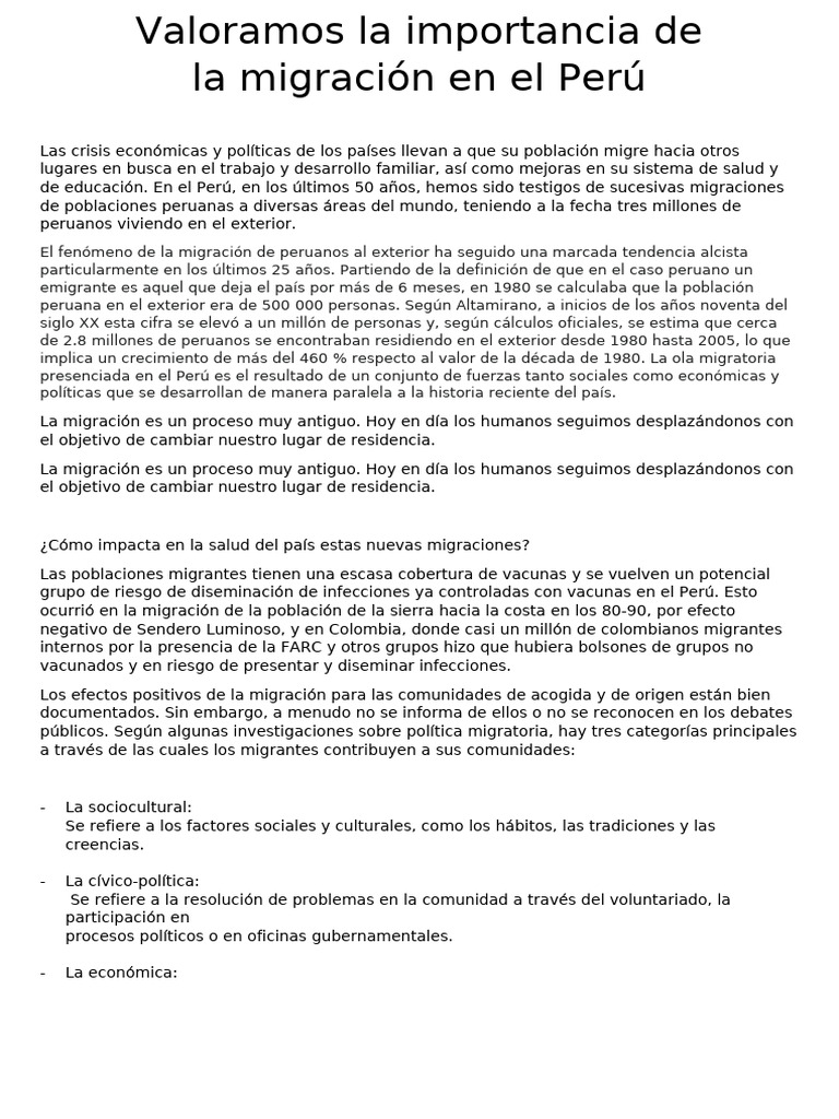 Impacto de la migración peruana en salud | PDF | Migración humana | Perú