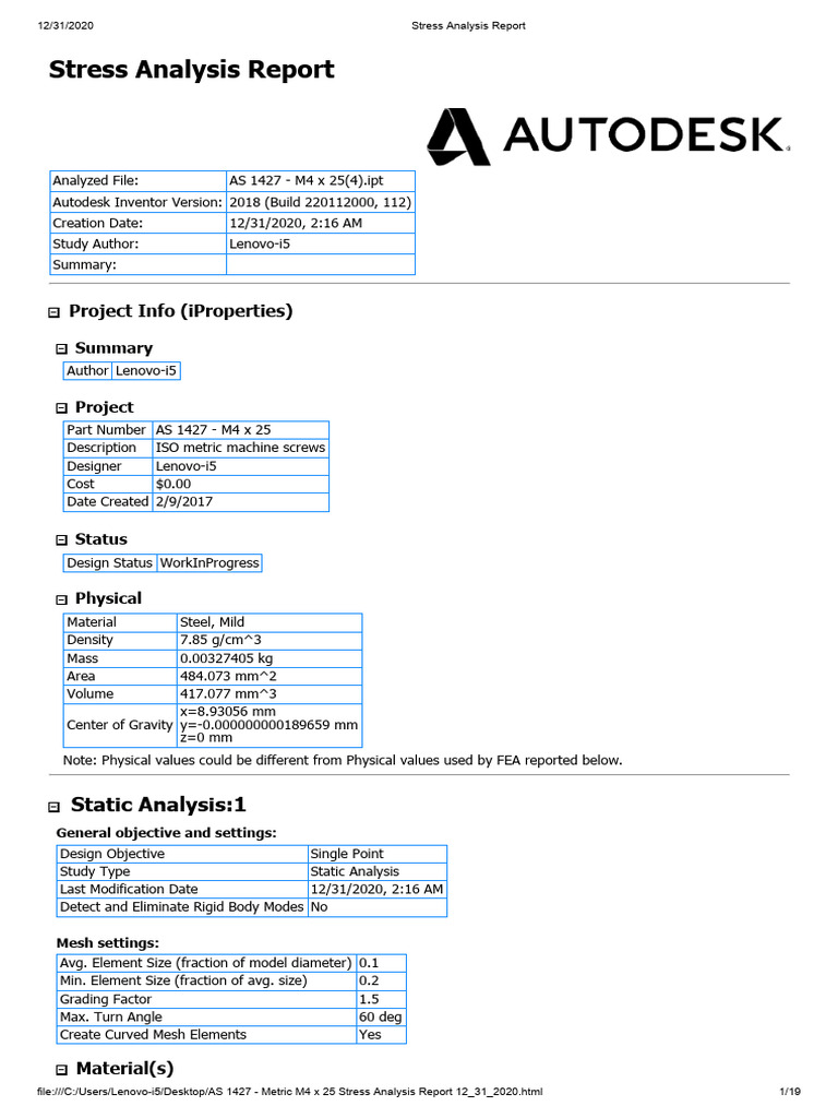 M4 x 25 Stress Analysis Report | PDF | Strength Of Materials | Screw