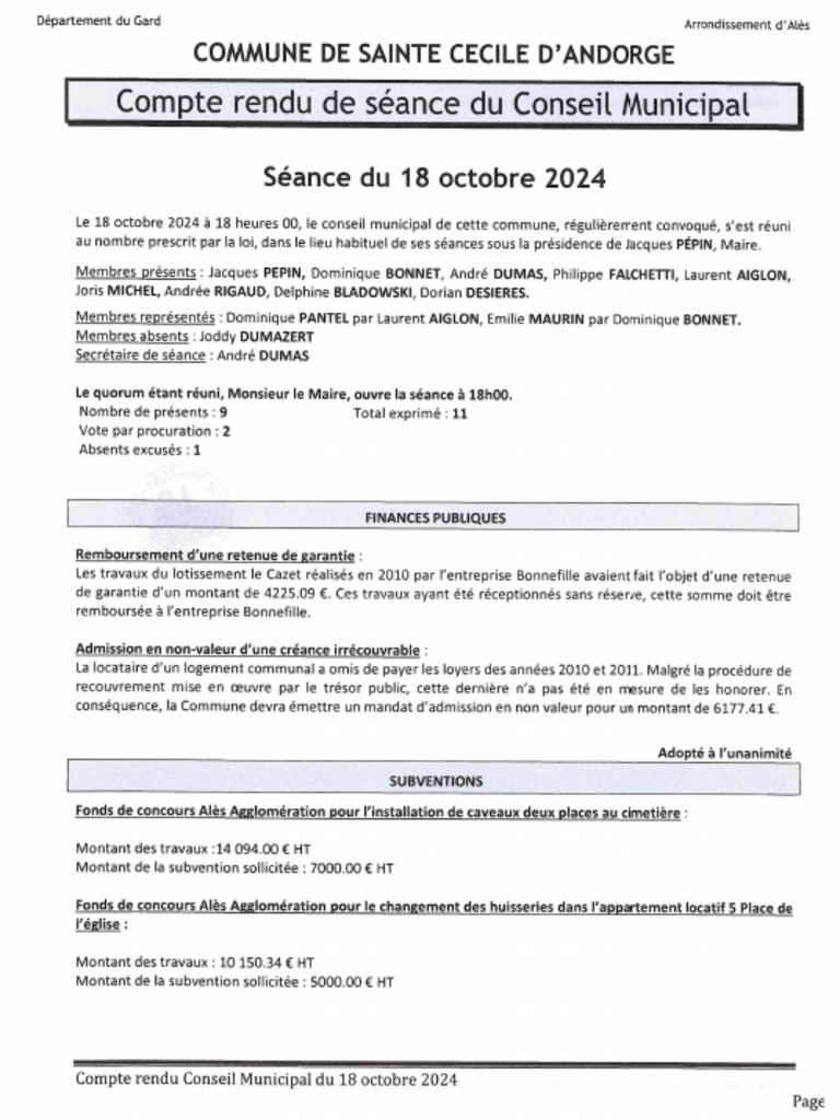 Compte Rendu Du Conseil Municipal 18 10 2024 | PDF