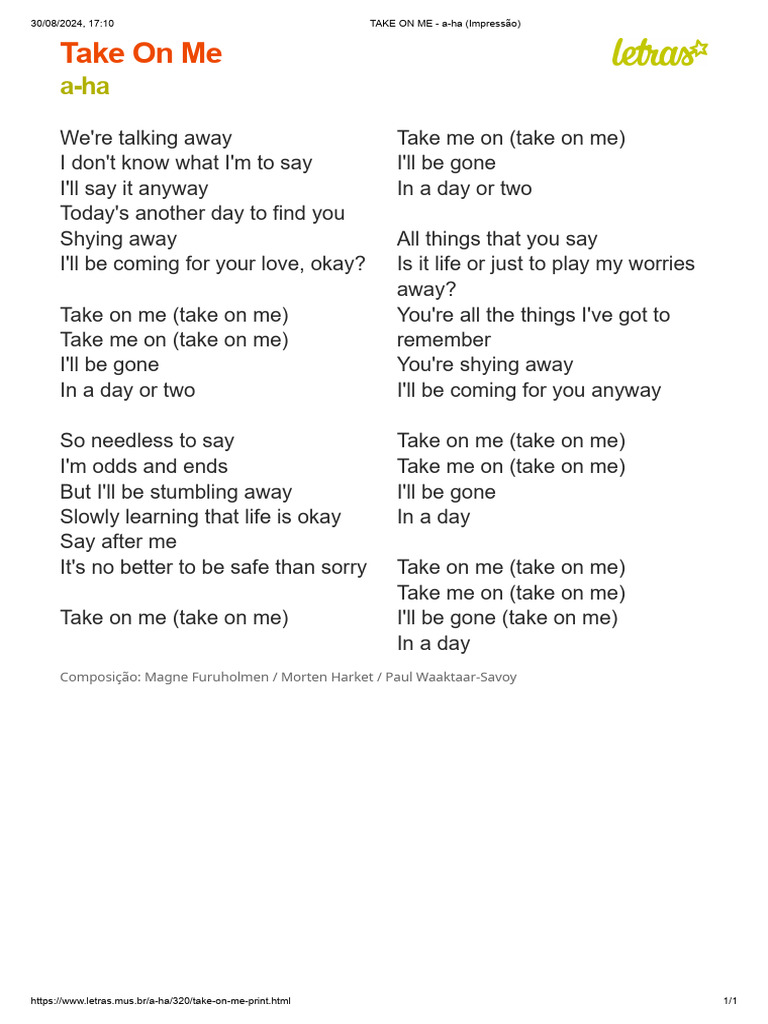 Take On Me Lyrics by a-ha | PDF