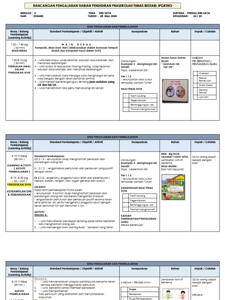 Rancangan Pengajaran Harian Prasekolah | PDF