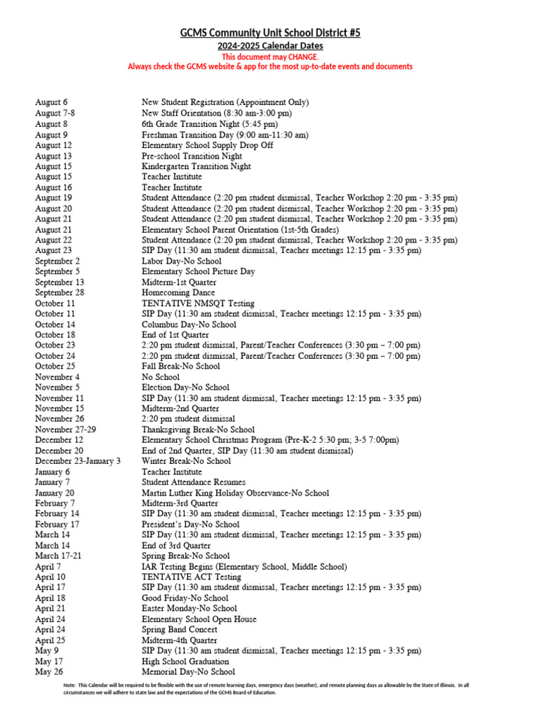 GCMS 2024-2025 School Calendar | PDF