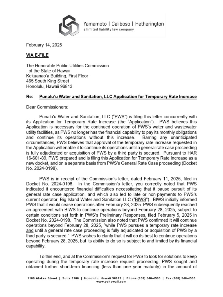 PWS Temporary Rate Increase Request | PDF | Equity (Finance)