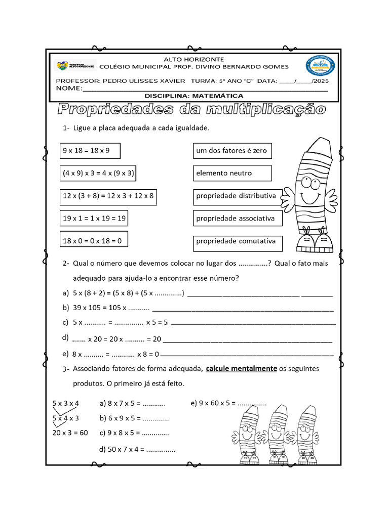 Atividades de Matemática, 5º Ano C - Propriedades Da Multiplicação | PDF