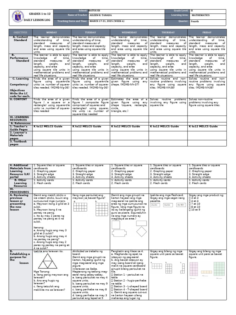 DLL Mathematics 2 q4 w6 | PDF