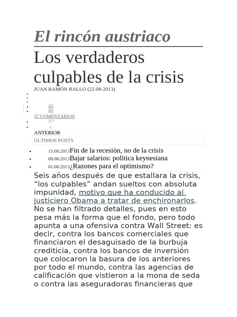 Culpables de la crisis financiera actual | PDF | Bancos | Deuda