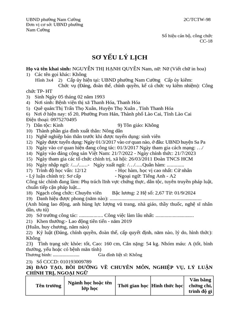 2C_TCTW-98_ Sơ yếu lý lịch | PDF