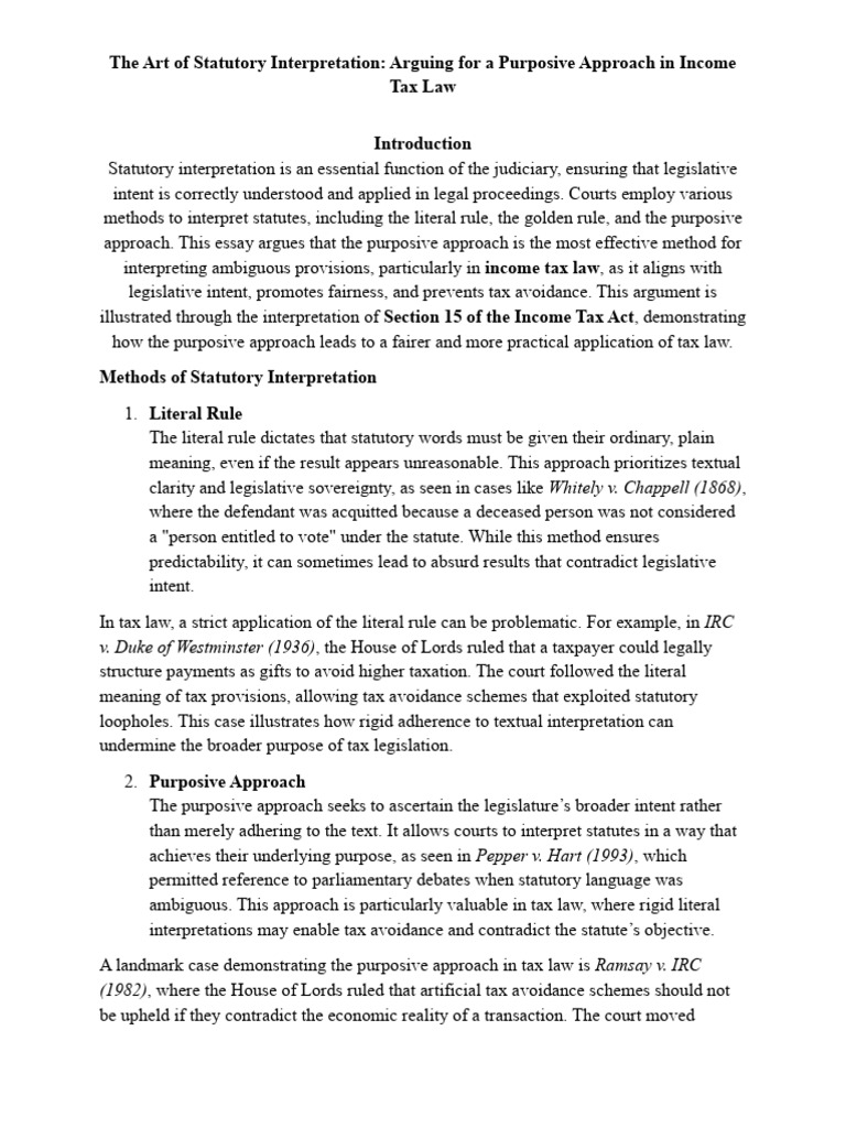 Purposive Approach in Income Tax Law | PDF | Statutory Interpretation ...
