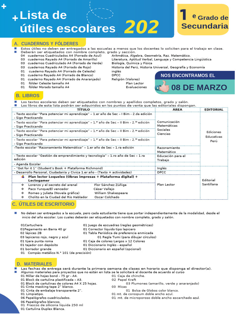 Lista de Útiles Presencial - 2024 - 1er Grado de Secundaria - Paracas | PDF