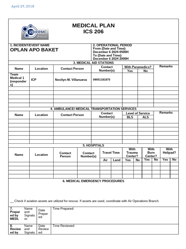 ICS 206 Medical Plan Overview | PDF | Incident Command System | Ambulance