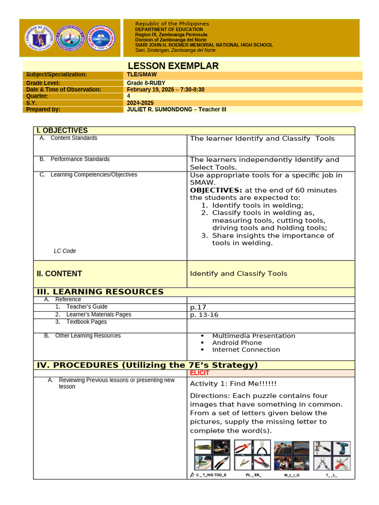 Lesson Exemplar For Smaw | PDF | Tools | Teachers