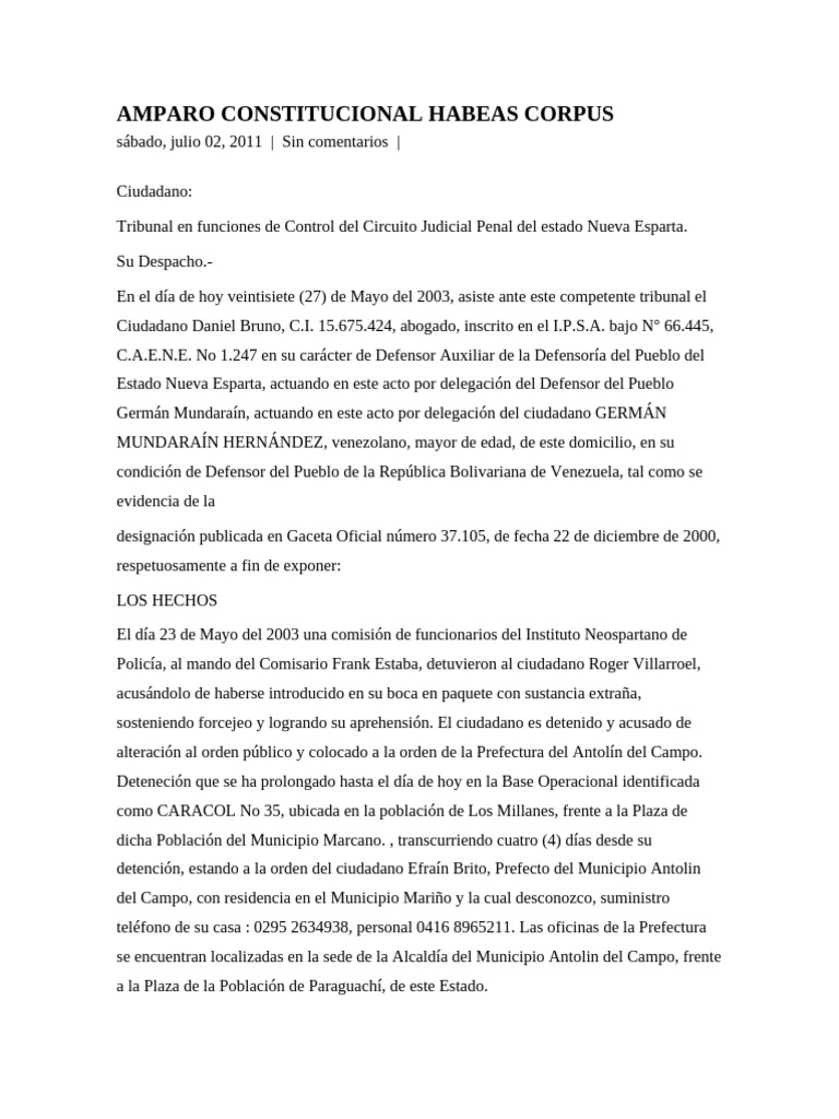 Amparo Constitucional Habeas Corpus | PDF | Habeas corpus | Justicia