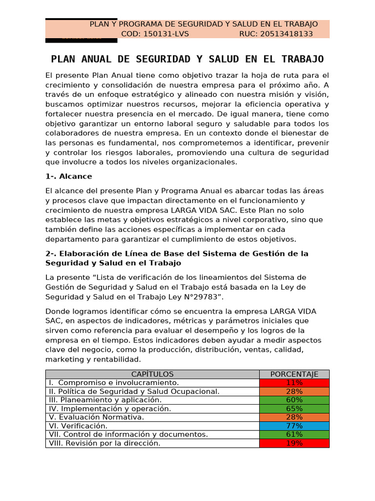 Plan Anual de SST para Larga Vida SAC | PDF | Seguridad y salud ...