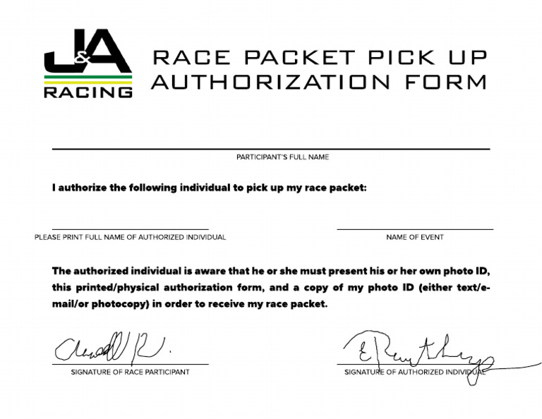 New Race Pickup Authorization Form | PDF