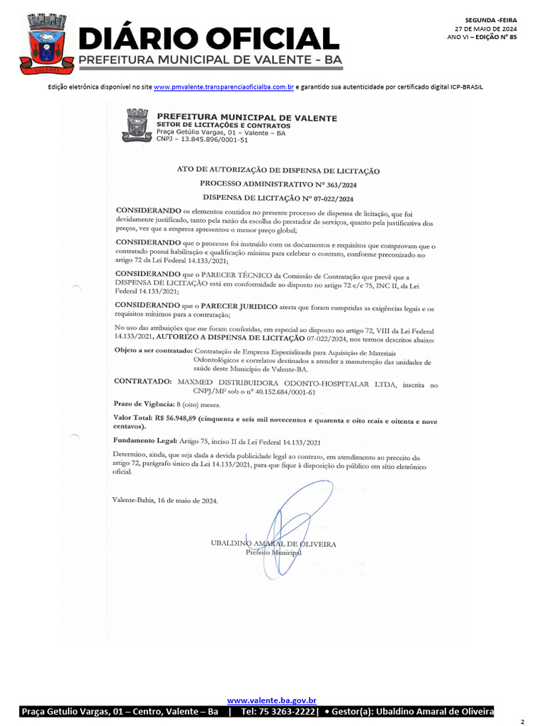 Ato de Autorizacao de Dispensa 07 022 de 2024 Material Odonto | PDF