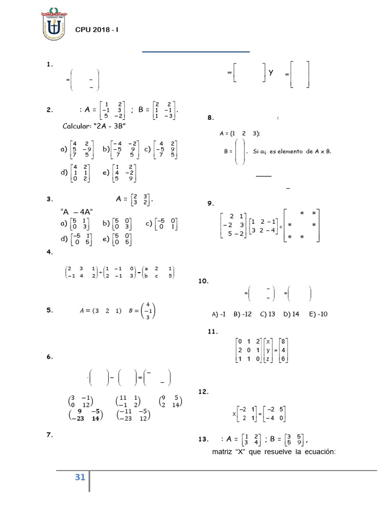 PRÁCTICA | MATRICES | PDF | Matriz (Matemáticas) | Álgebra lineal