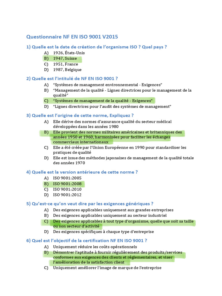 Questionnaire sur la norme ISO 9001 | PDF | Management de la qualité