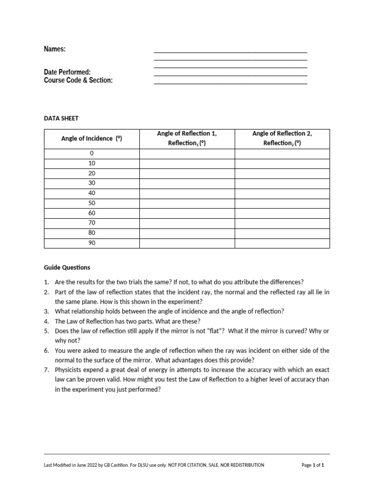 Law of Reflection Data Sheet | PDF
