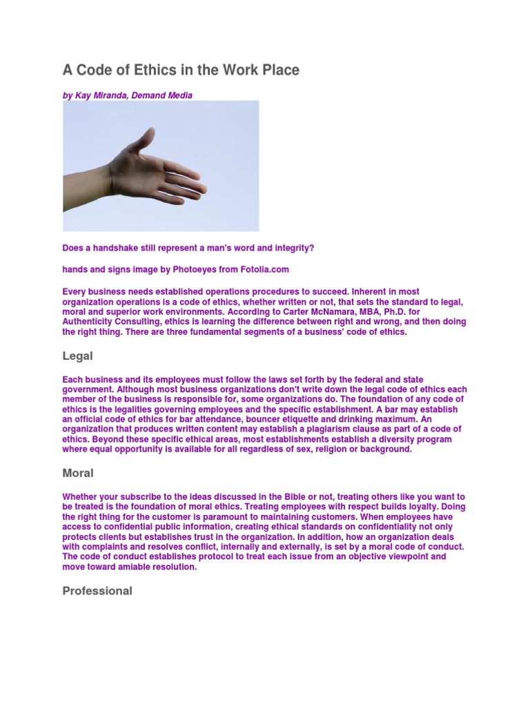 A Code of Ethics in The Work Place | PDF | Social Institutions | Social ...