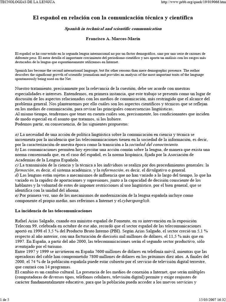 El Espanol en Relacion Con La Comunicaci | PDF