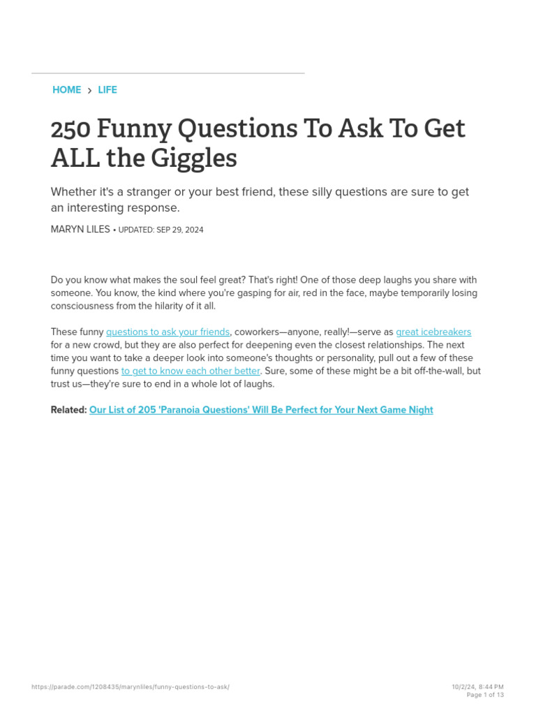 250 Funny Questions for All Occasions | PDF