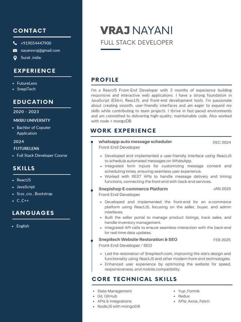 Full Stack Developer Resume: Vraj Nayani | PDF | Computing | Software ...