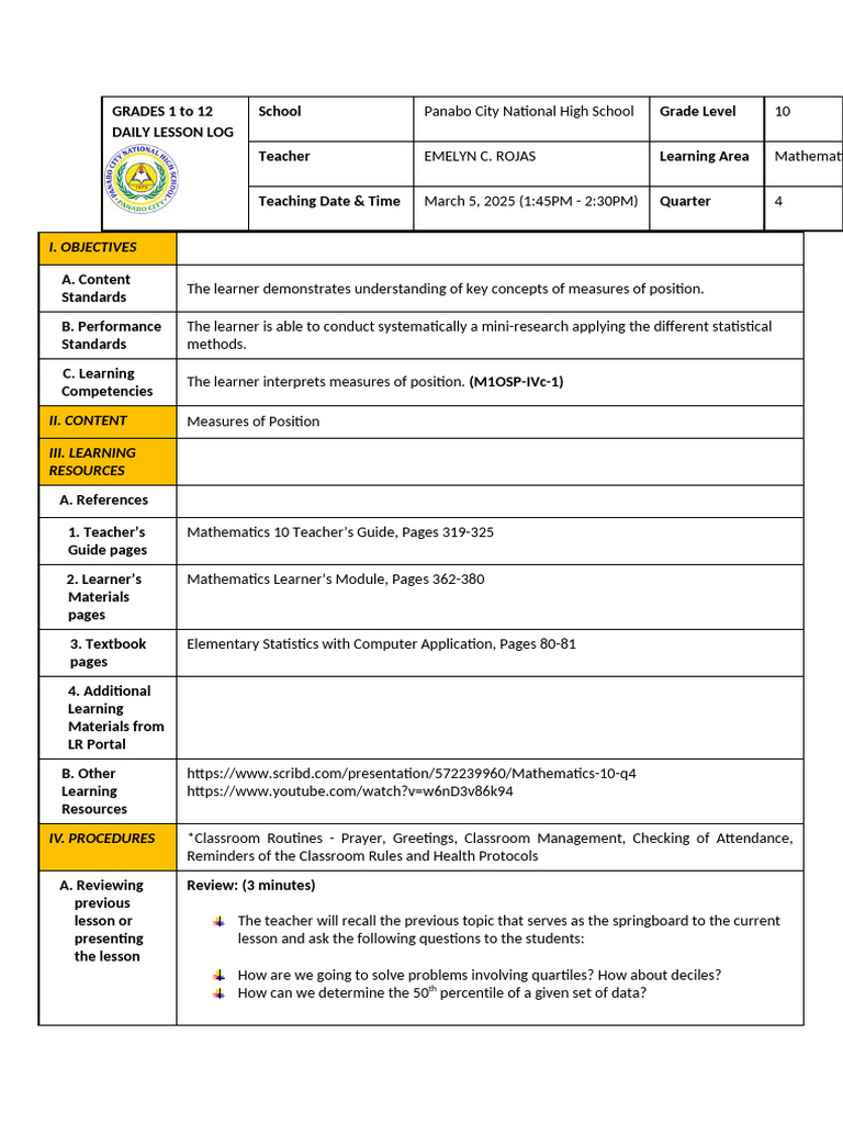 Understanding Measures of Position in Math | PDF | Percentile | Quartile